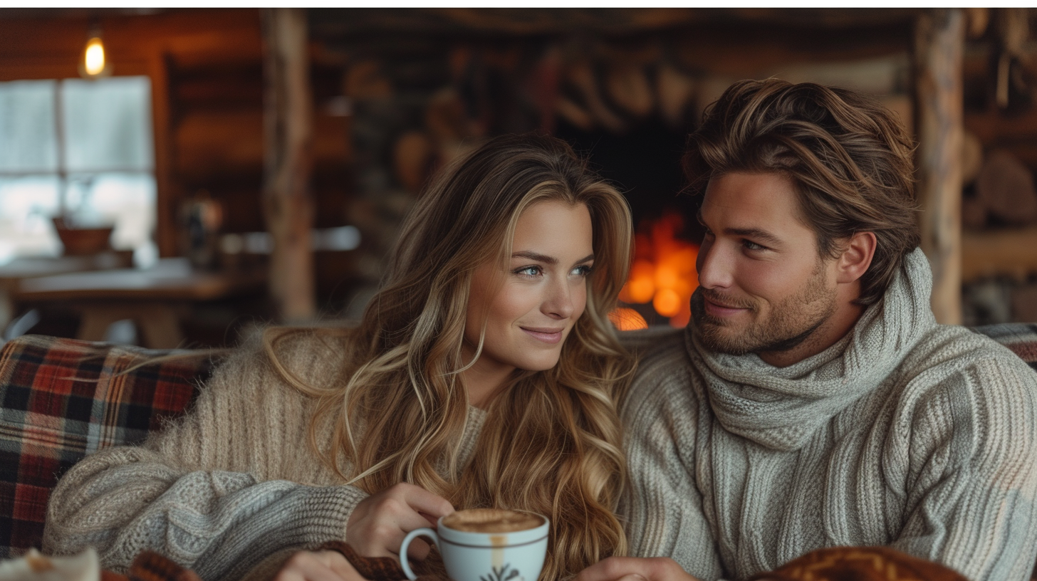 Cozy rustic cabin fireplace couple