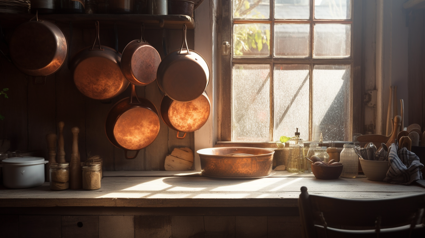 Cozy Rustic Kitchen with Vintage Copper Pots