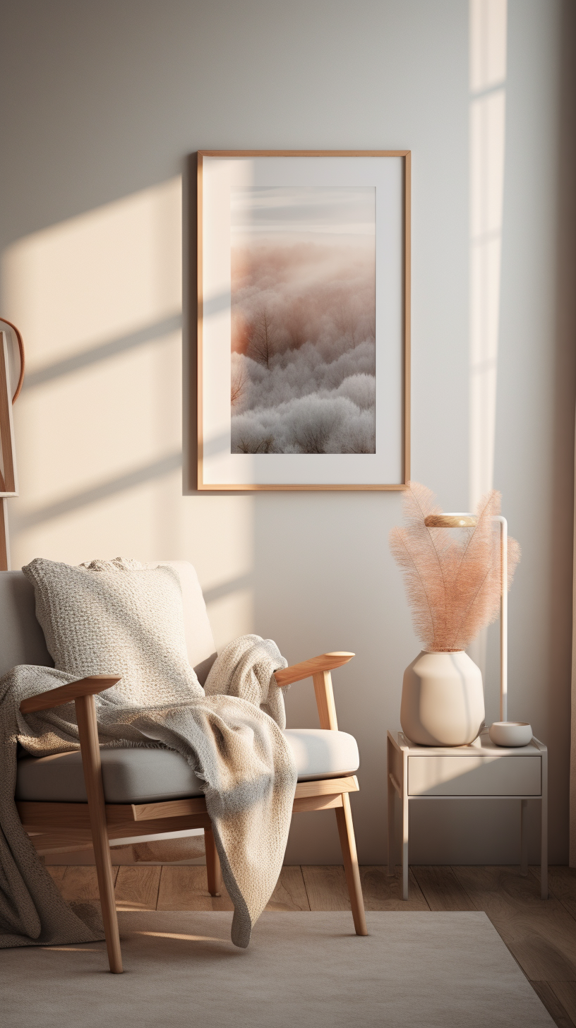 Cozy Scandinavian Style Room with Chair, Prints, and Mirror