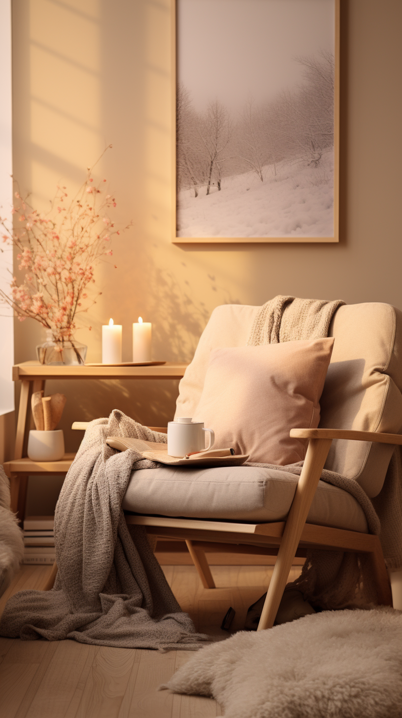 Cozy Scandinavian room with tapestry, chair, blankets, and light