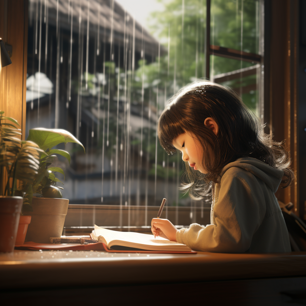 Cozy study room with rain and sunlight