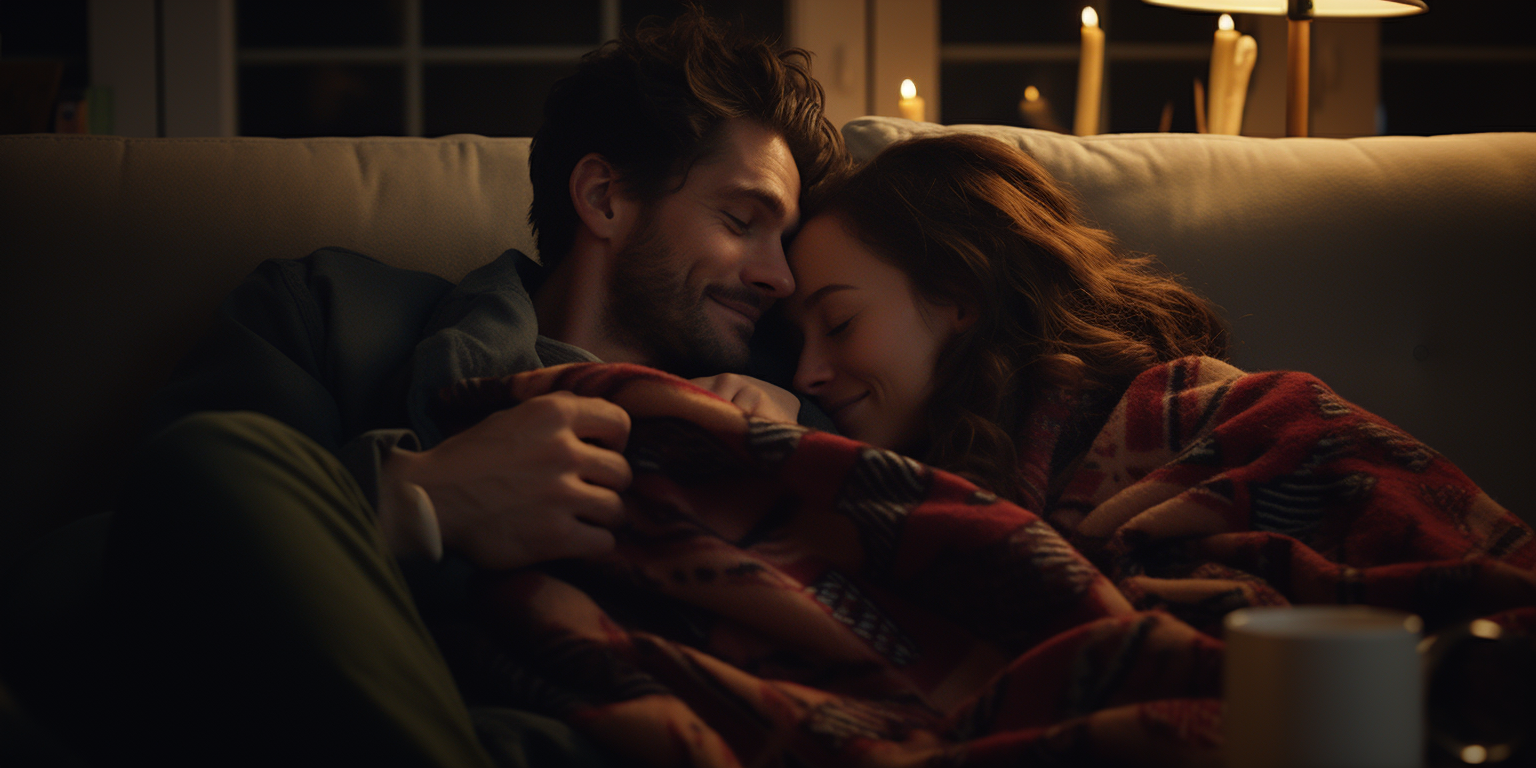 Couple snuggling on couch watching TV