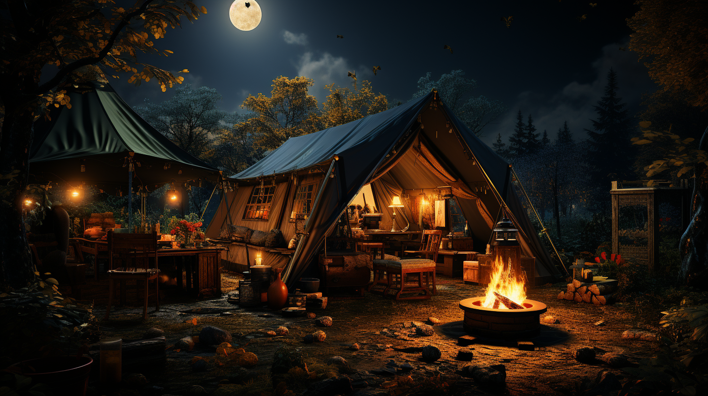 Cozy tent and campfire in night forest