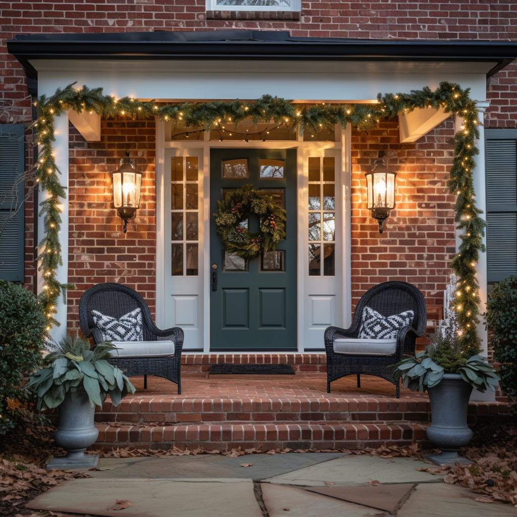 Cozy outdoor porch area with brick house