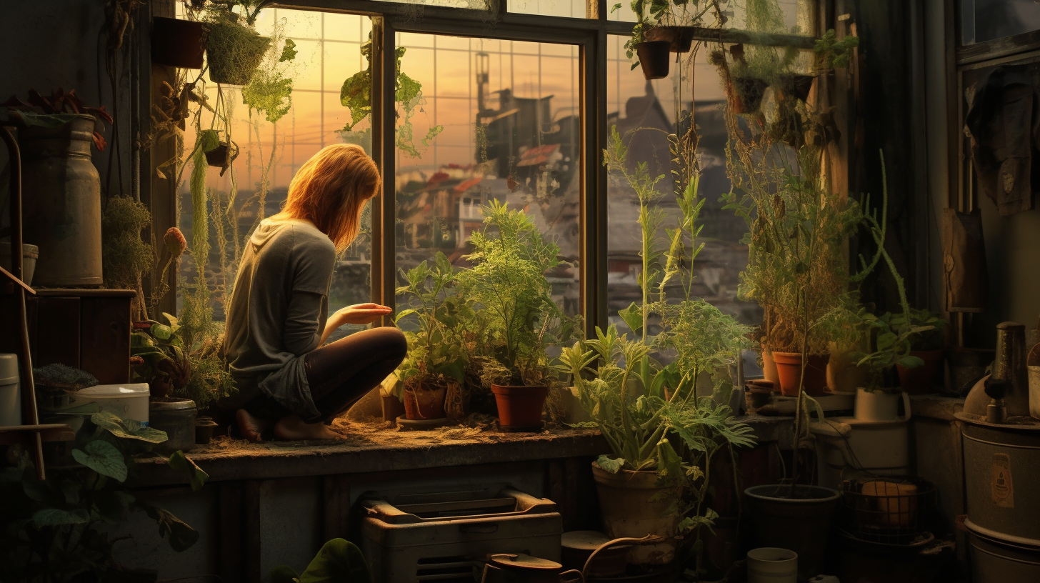 Woman tending to healthy plants in a cozy window