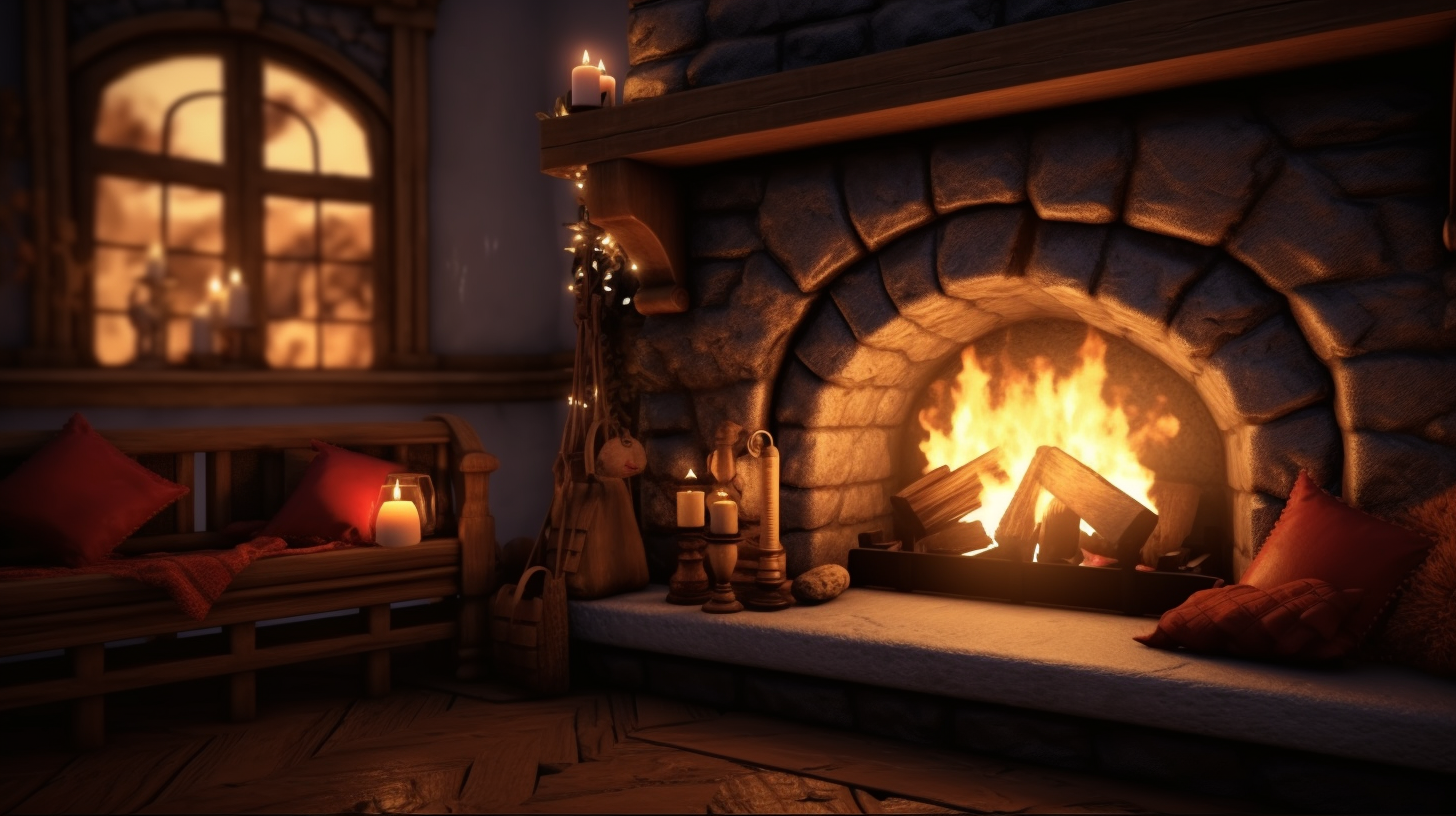 Warm winter fireplace glowing beautifully