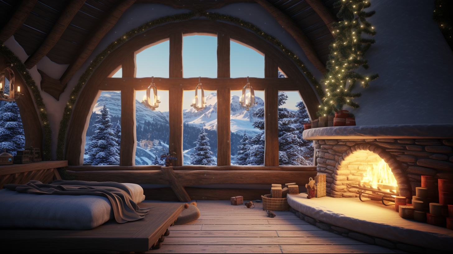 Charming winter hobbit cabin with cozy fireplace