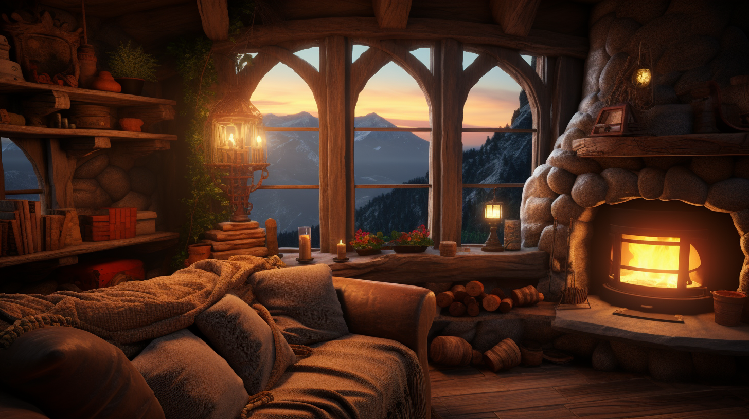 Hobbit cabin interior with fabric sofa and wooden stove