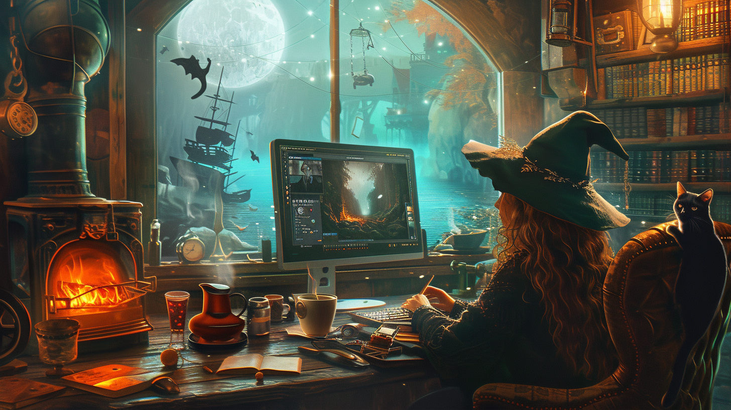 Cozy witch writer in magical laboratory