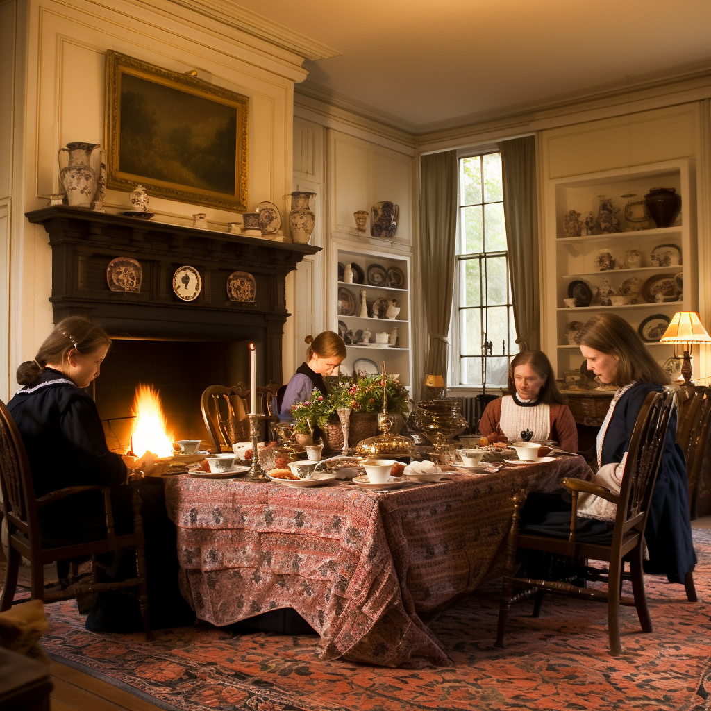 Sisters enjoying time together in cozy 1800s room