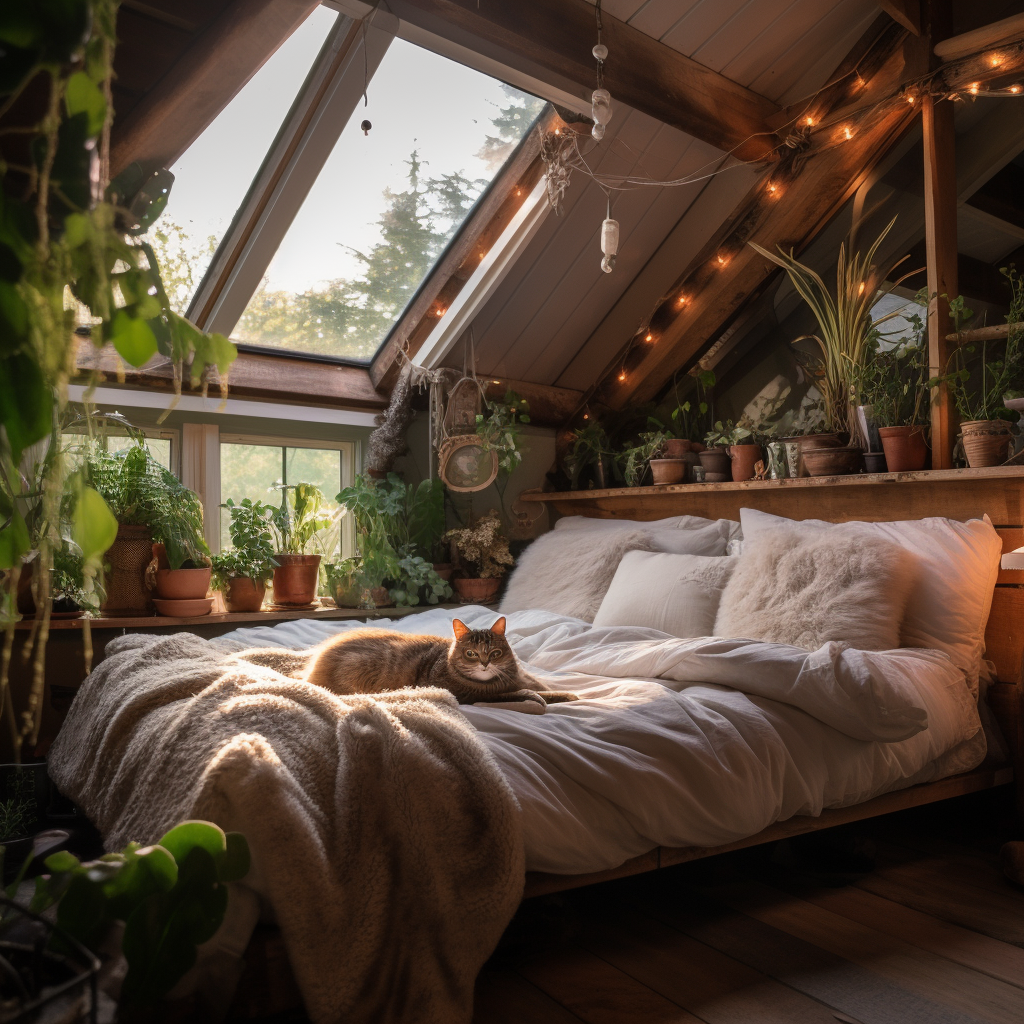 Cozy barn bedroom with natural light and plants