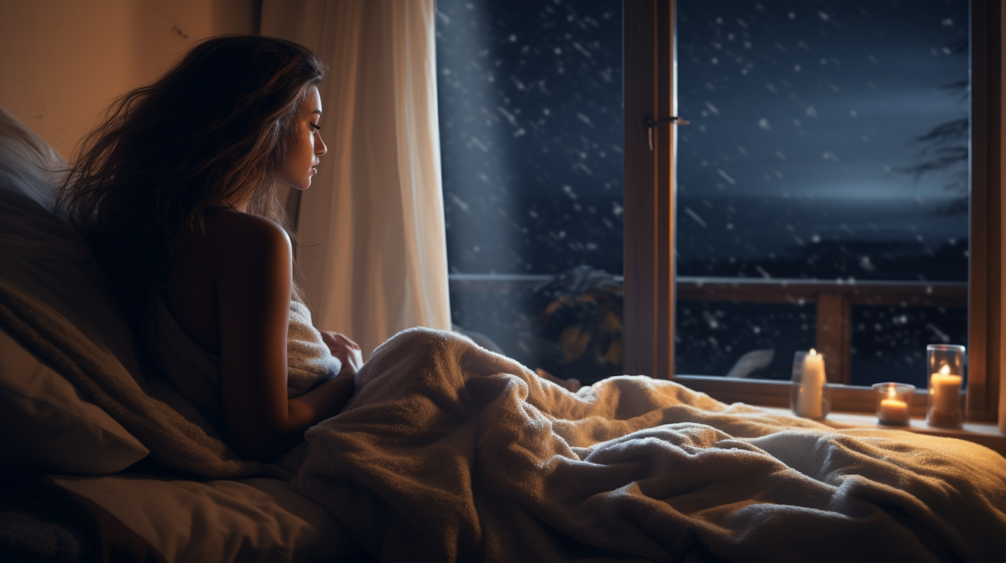 woman on bed with blanket on starry rainy night