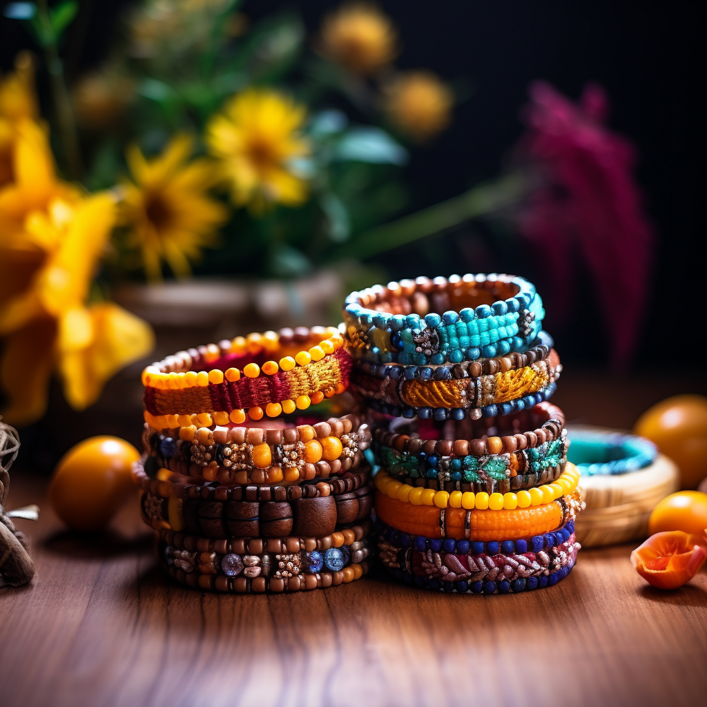 Colorful bracelets arranged on a table