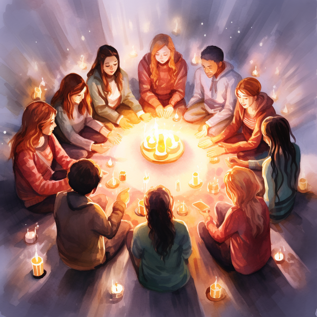 Group sharing stories around candles