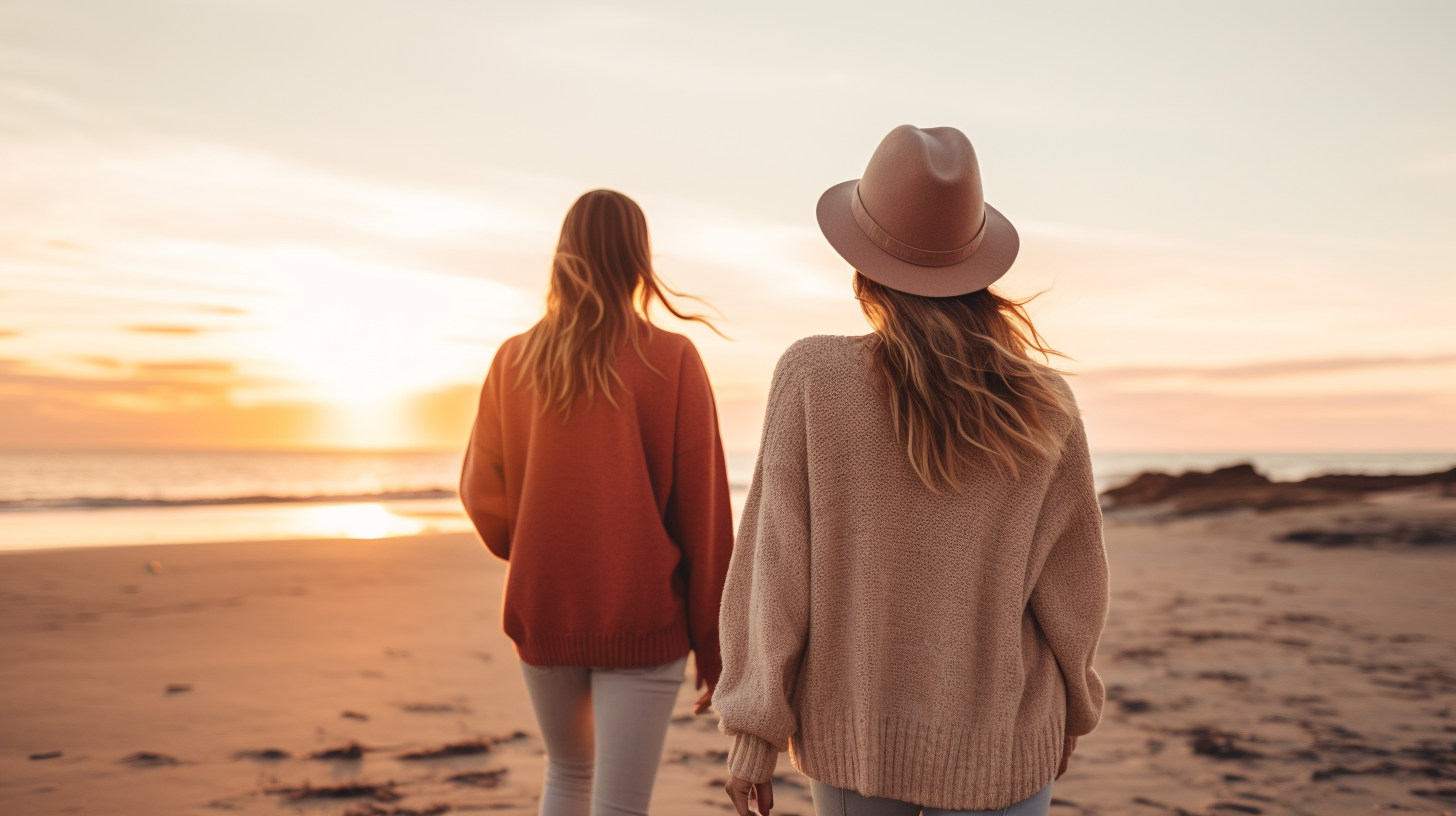 Women in cashmere loungewear walking on a beach at sunset