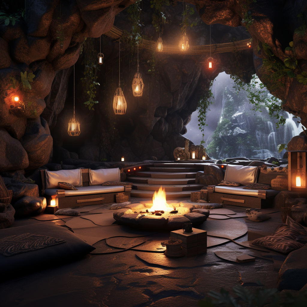 Cozy cave during rainstorm with burning firepit