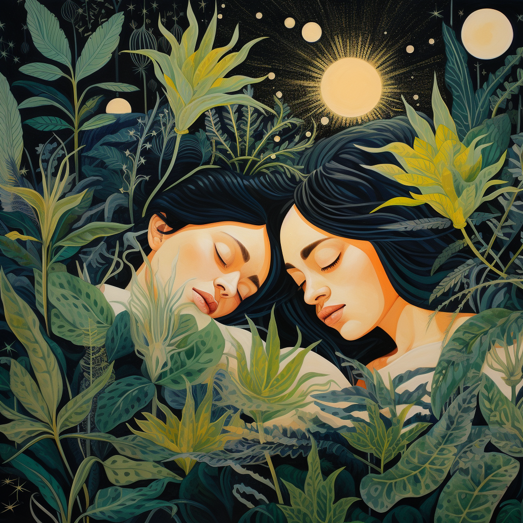 Two women sleeping peacefully with dreamy surroundings