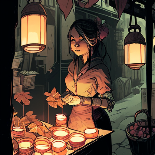 Woman Vendor with Fruits, Plants, Candels, and Lanterns