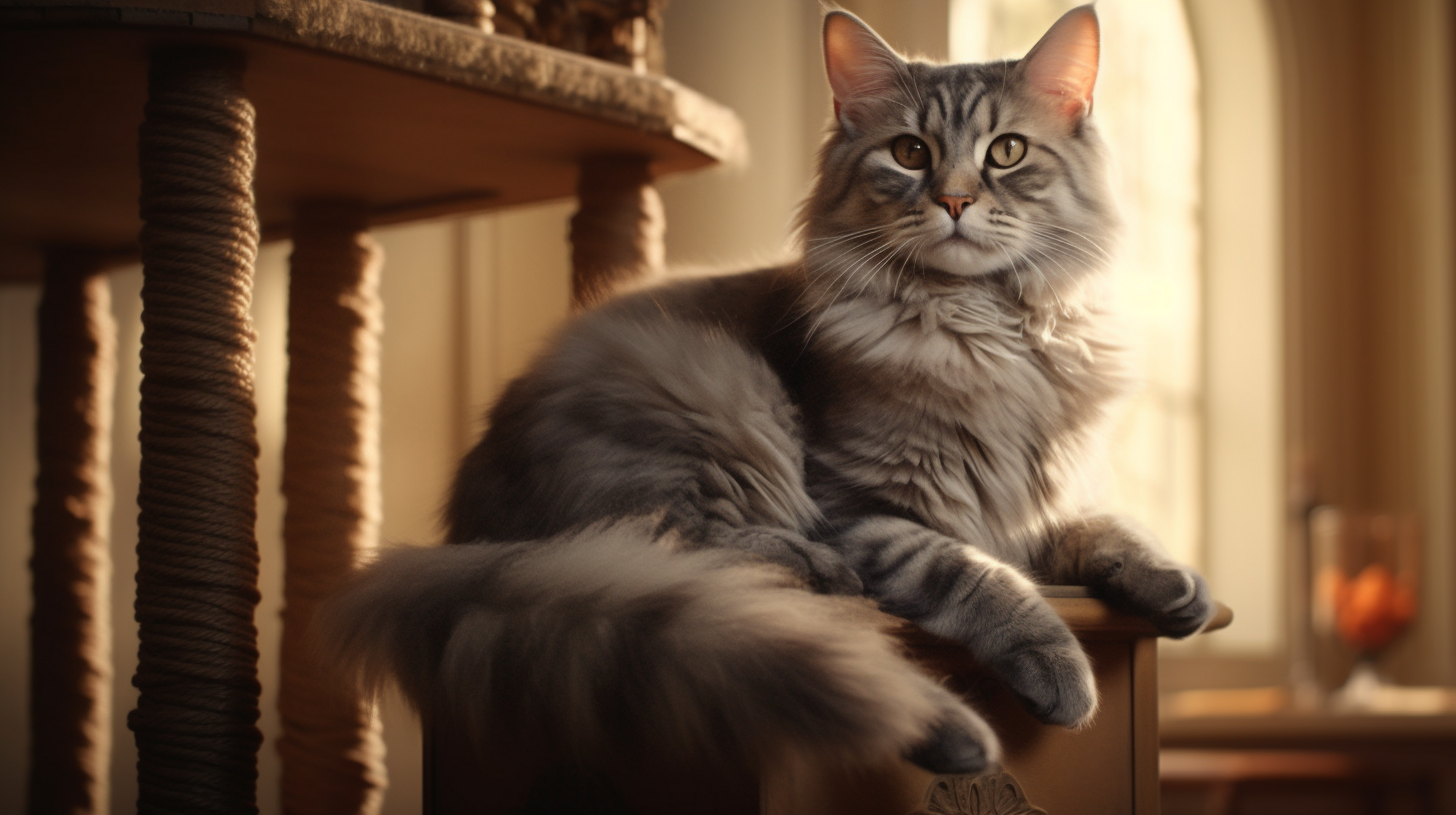 Fluffy grey tabby cat on multi-level tree