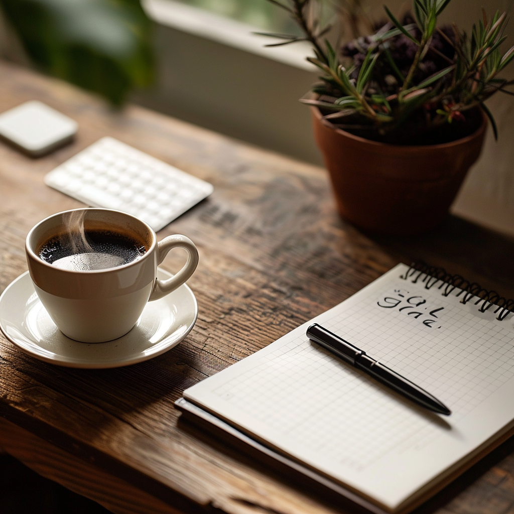 Cozy workspace with coffee, notepad, pen, keyboard, and plant