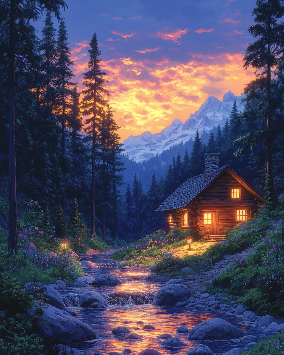 Cozy Log Cabin Pine Trees