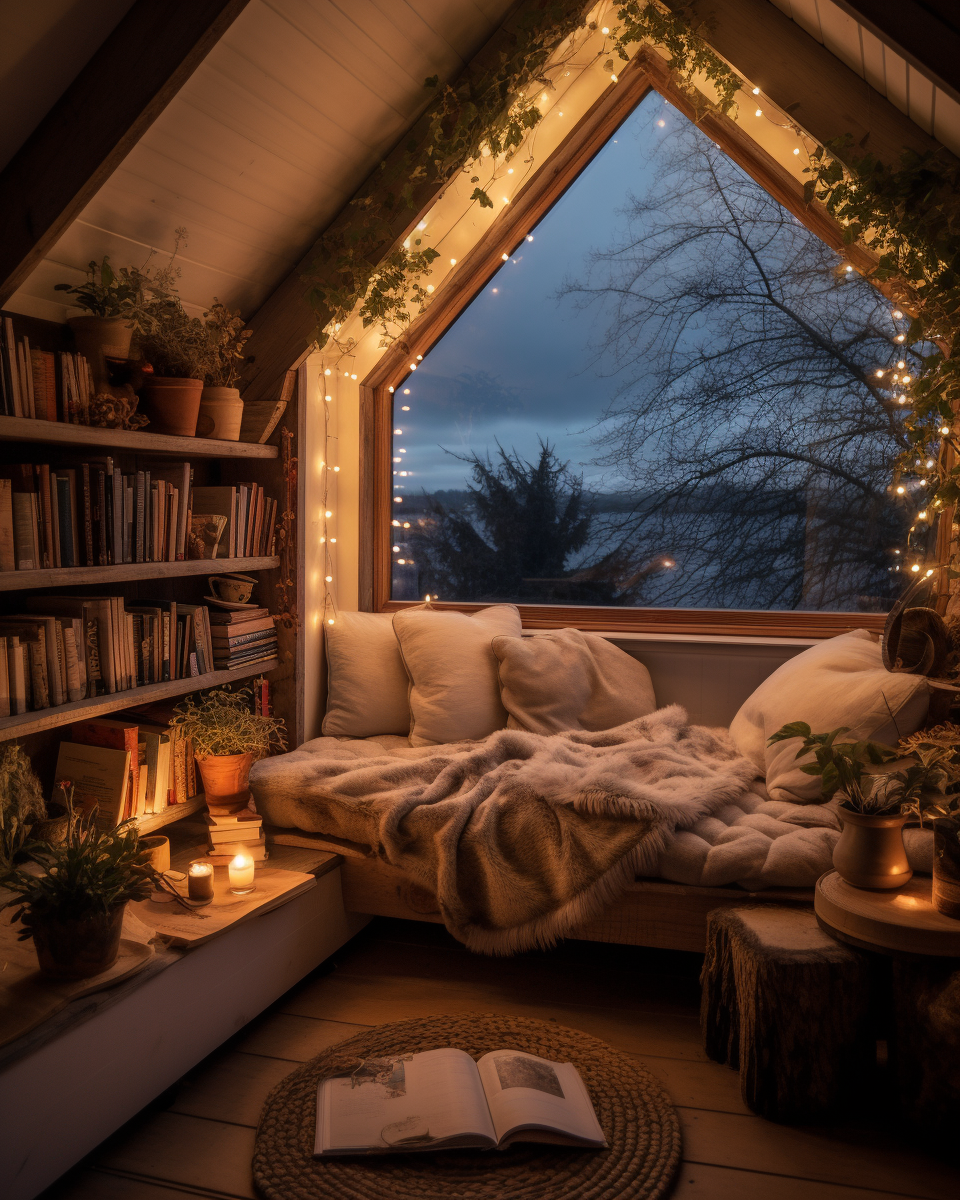 Cozy reading nook with fairy lights