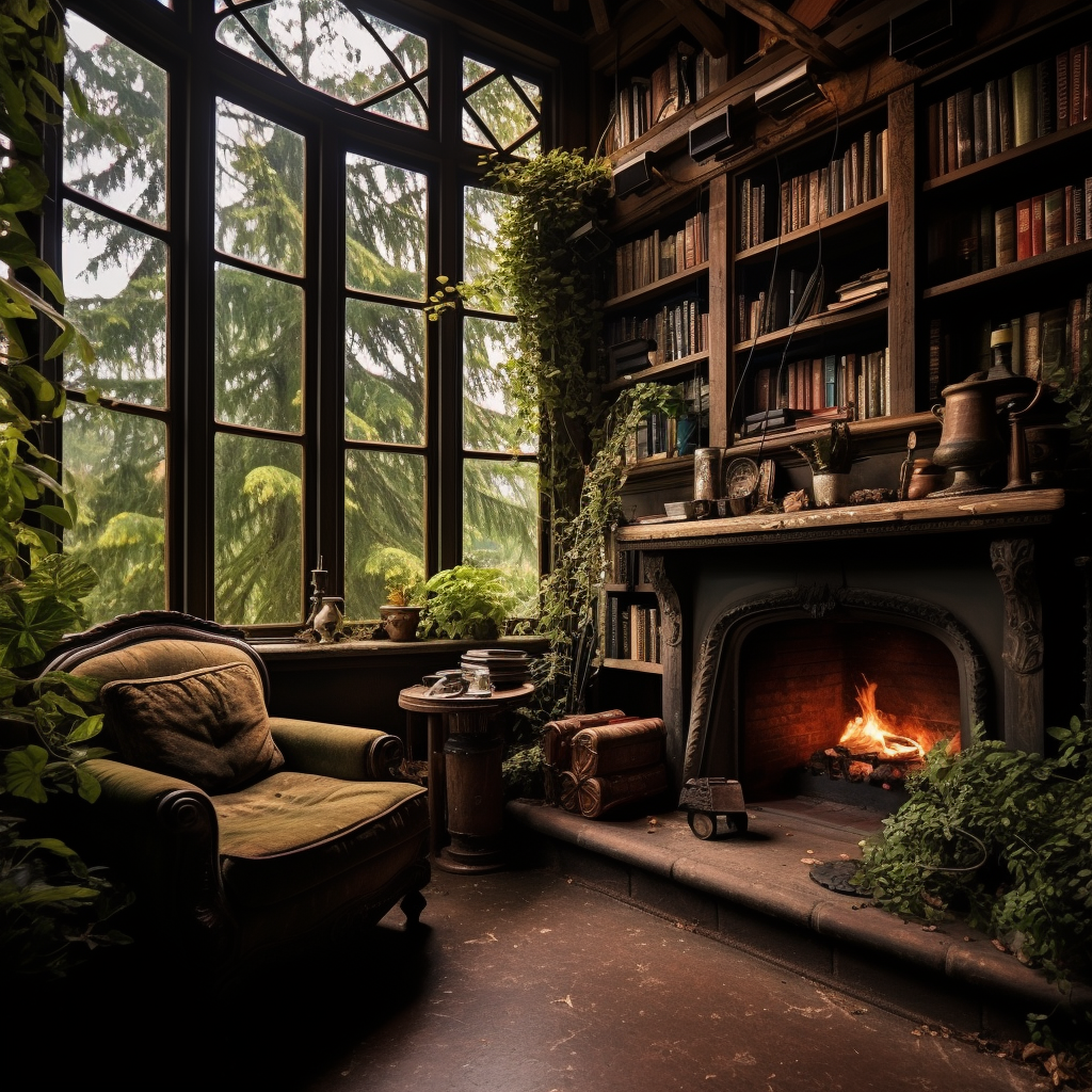 A cozy reading room with a fireplace and big windows