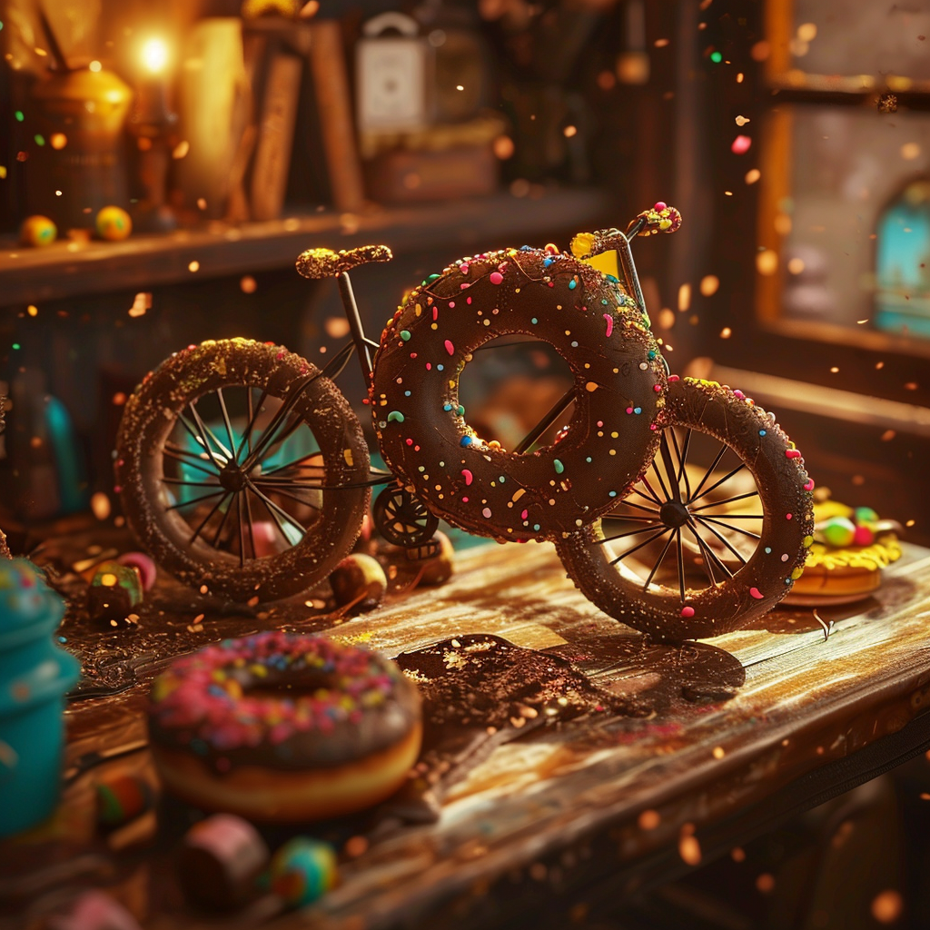 Cozy Scene with Bread Donut Bicycle Covered in Chocolate and Sprinklings