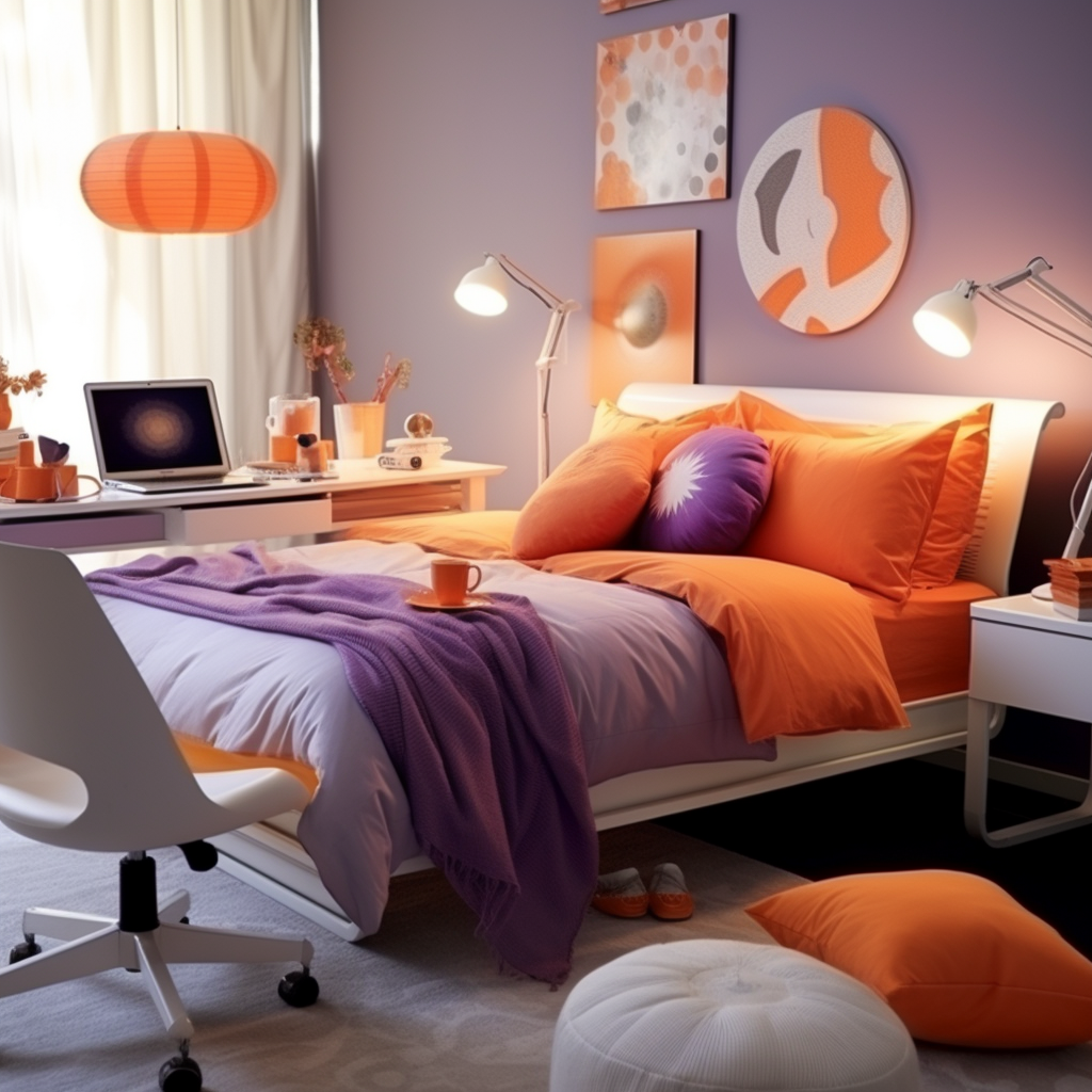 Cozy and stylish bedroom with purple and orange decor