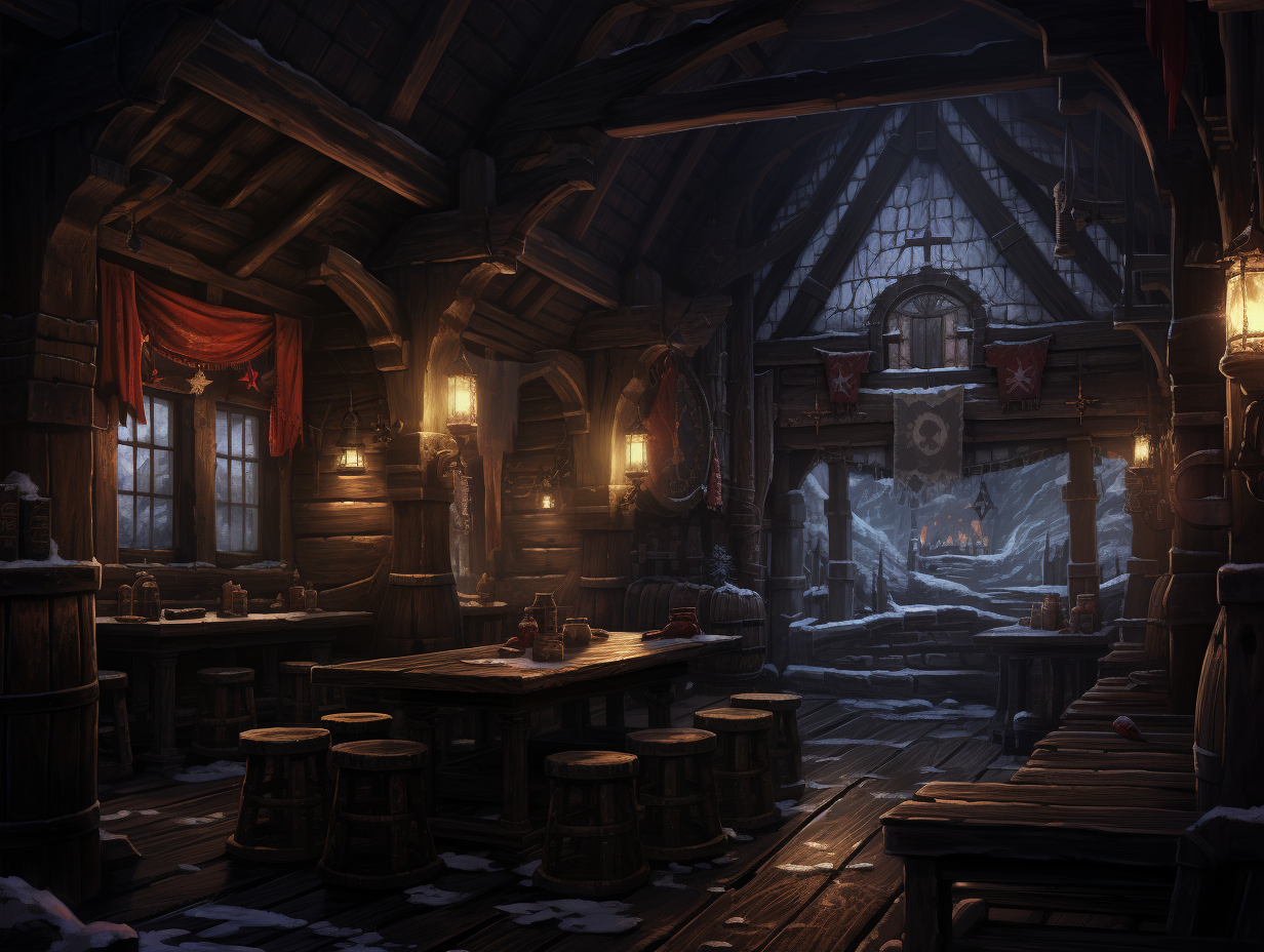 Digital art of cozy tavern in snowy weather