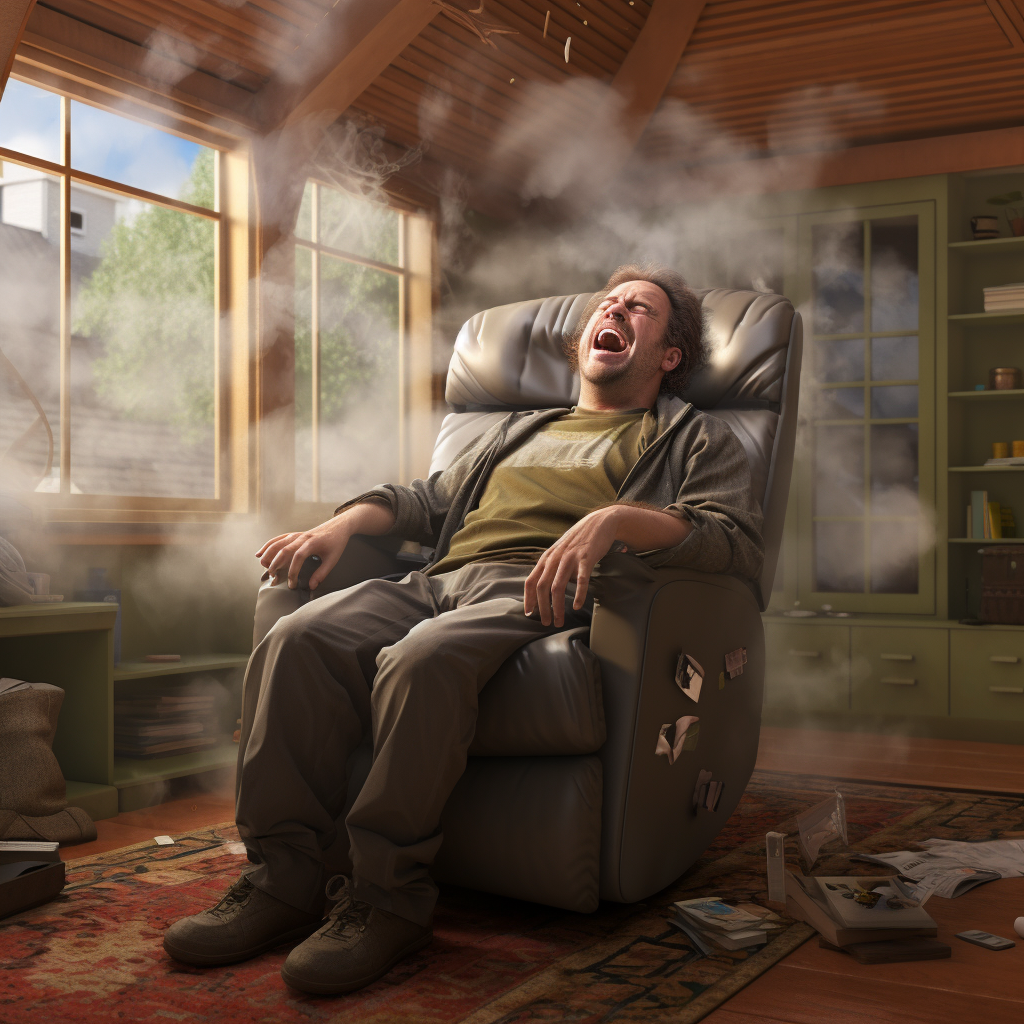 Man in recliner sneezing dramatically