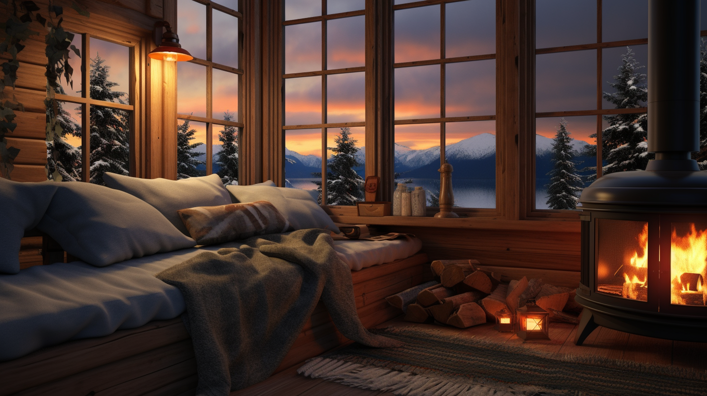 Wooden stove heating a cozy winter cabin