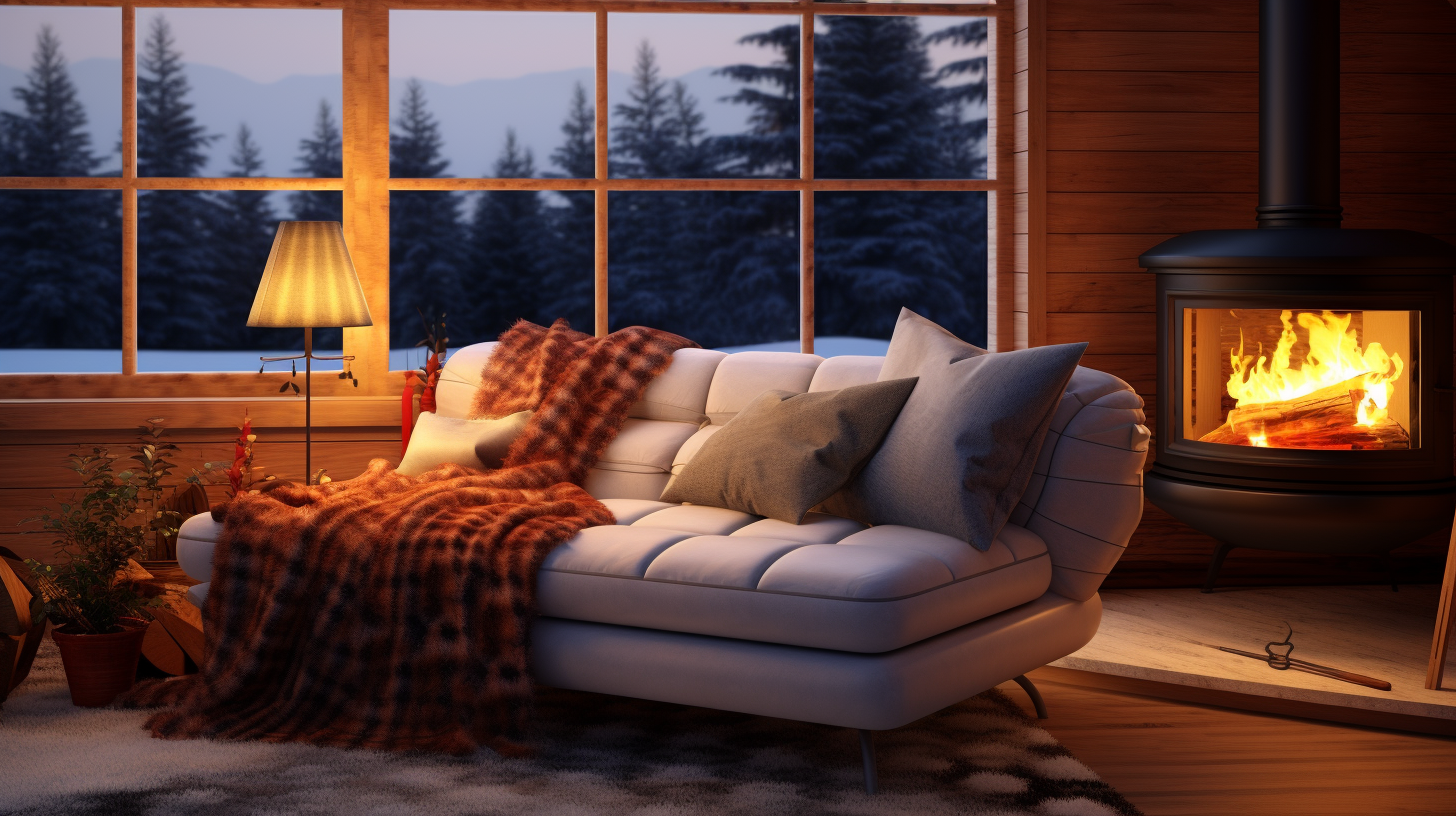 Cozy winter cabin interior with wooden stove and fabric sofa