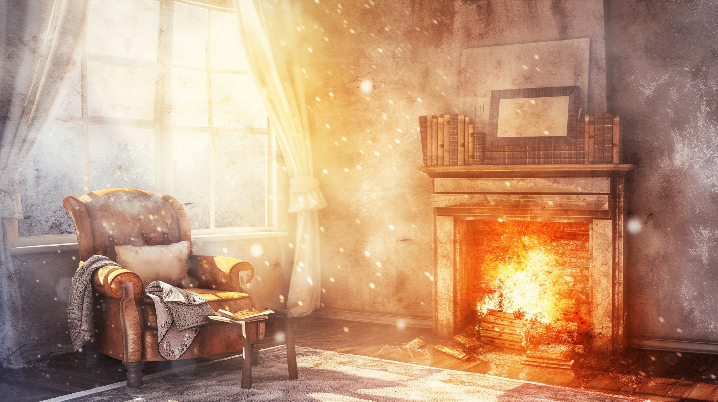 Cozy winter evening by fireplace watercolor medium shot