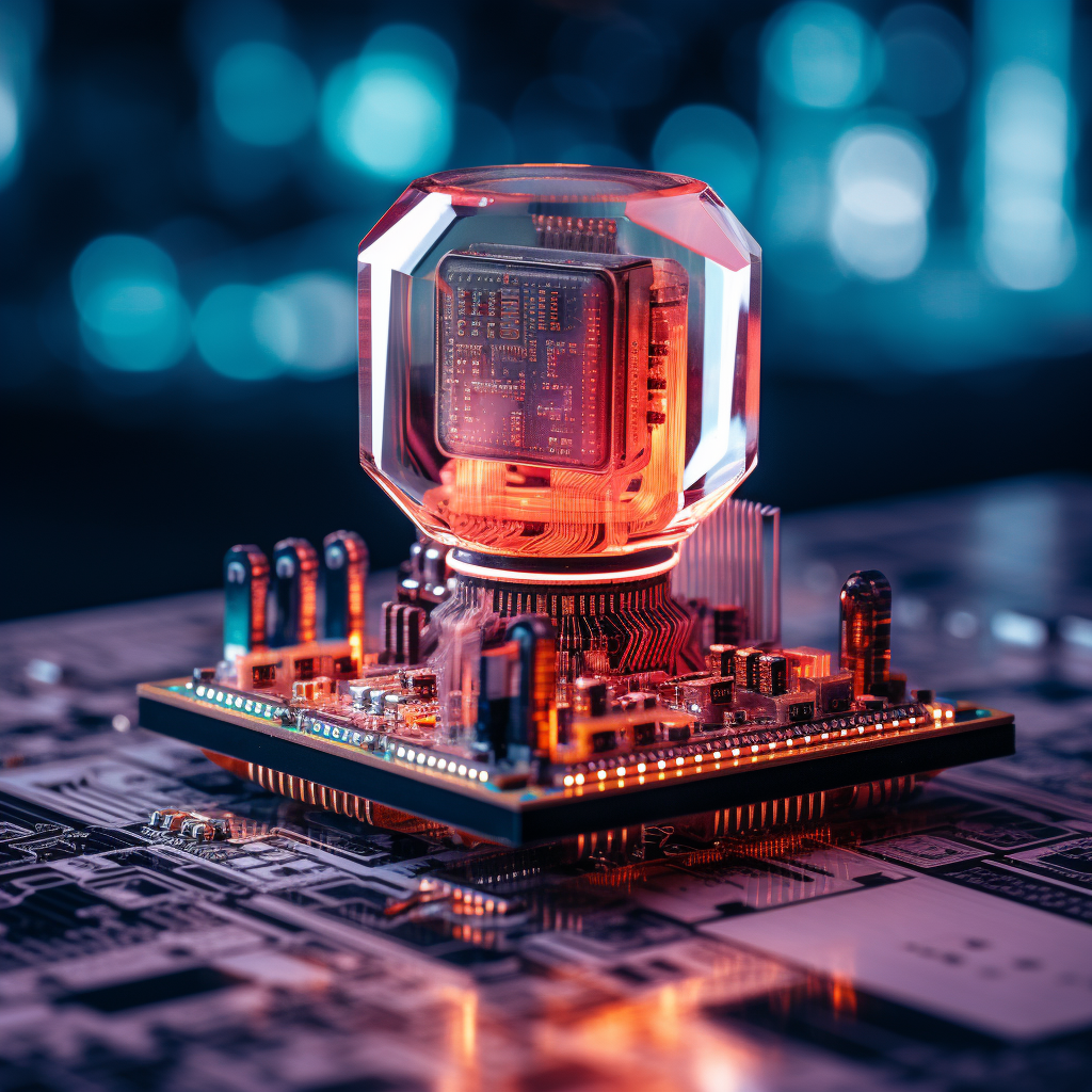 Colorful CPU chip lollipop on cyberpunk desk