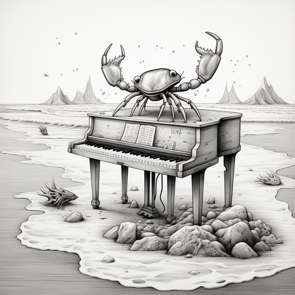 Cute crab playing piano on sandy island