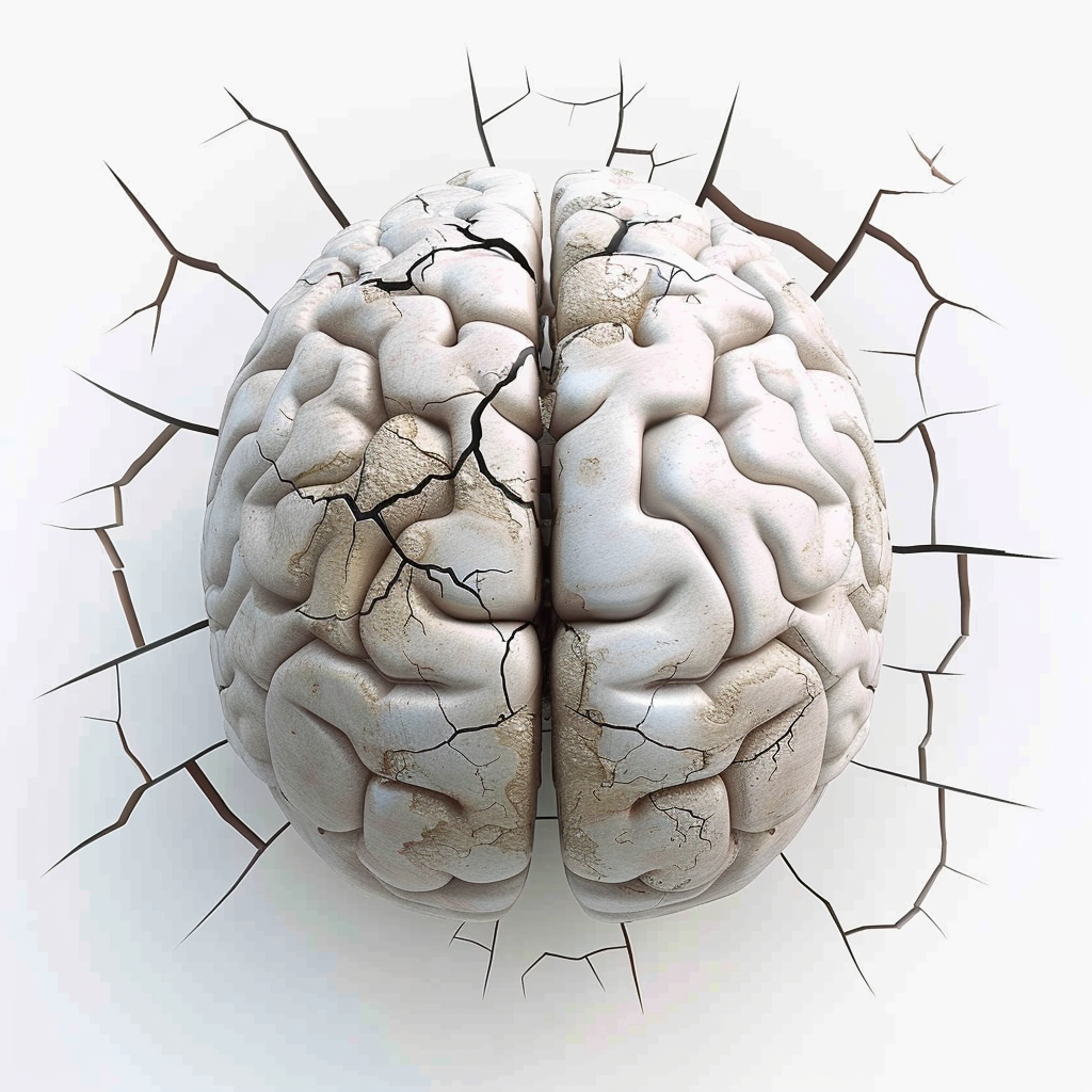 Brain with cracks on white background