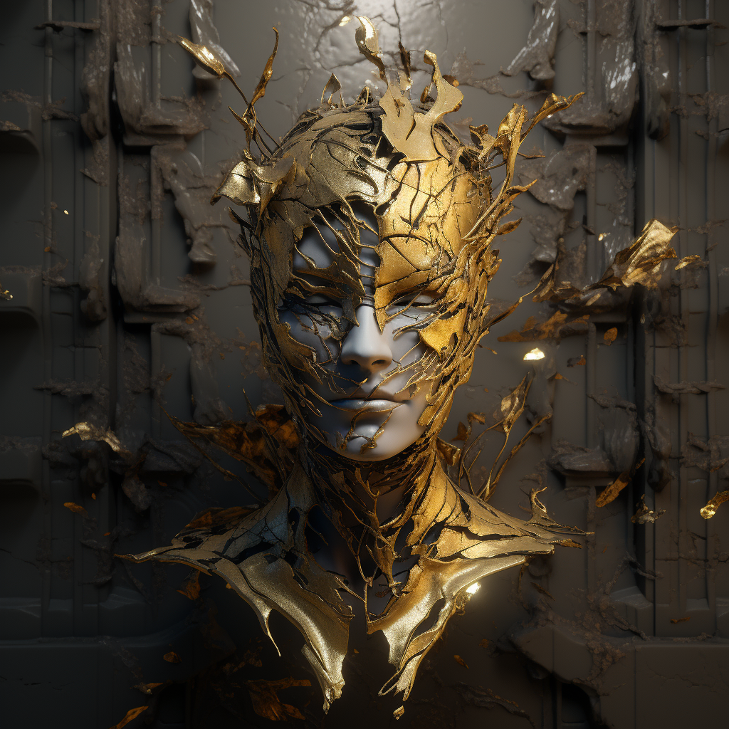 Cracked mask inside castle elegant liquid gold