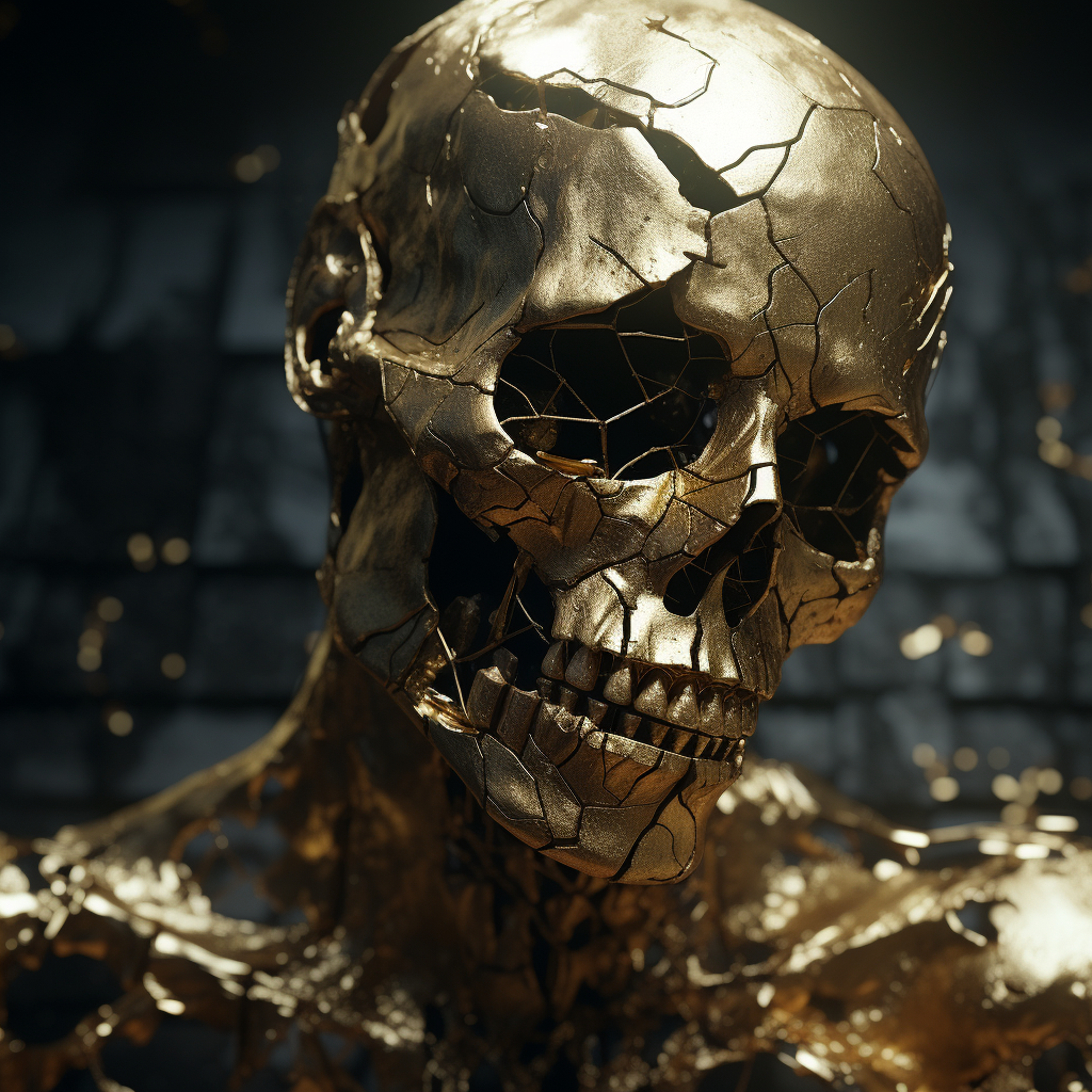 Cracked mask skeleton with gold pouring inside castle