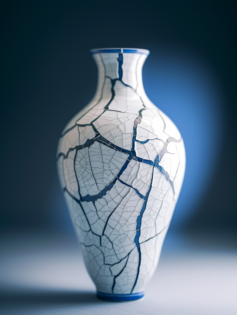 Cracked Porcelain Vase with Kintsugi Aesthetic