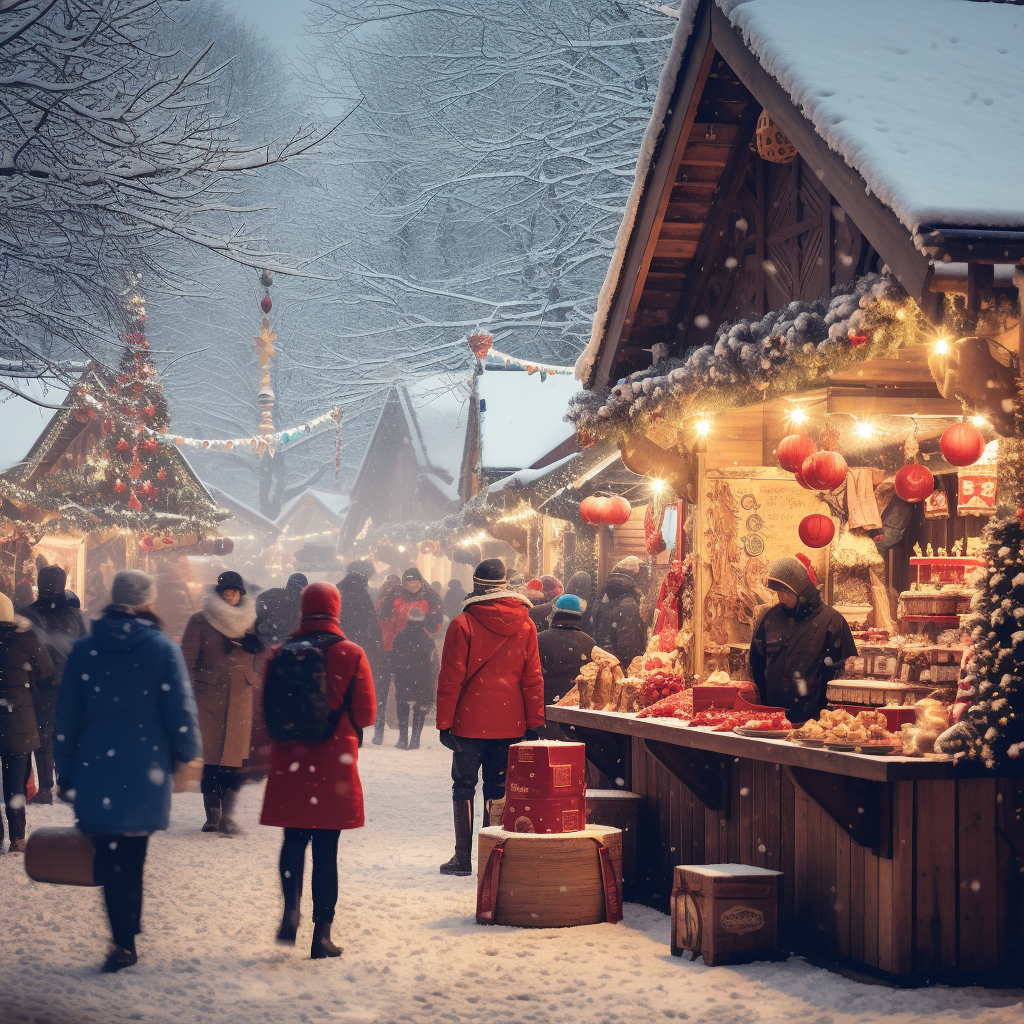 Christmas craft market with happy people