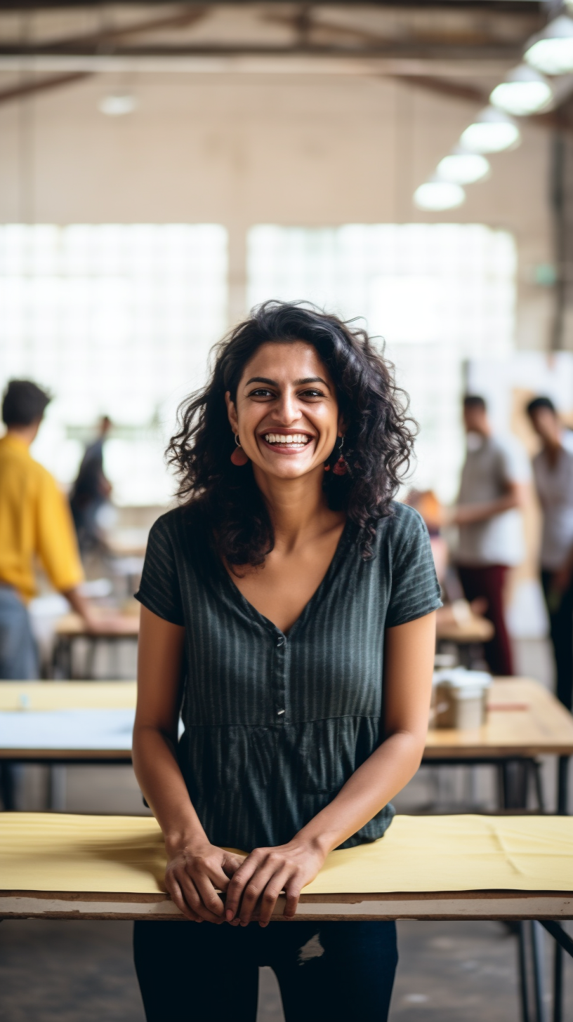 Smiling female entrepreneur at craft fair table