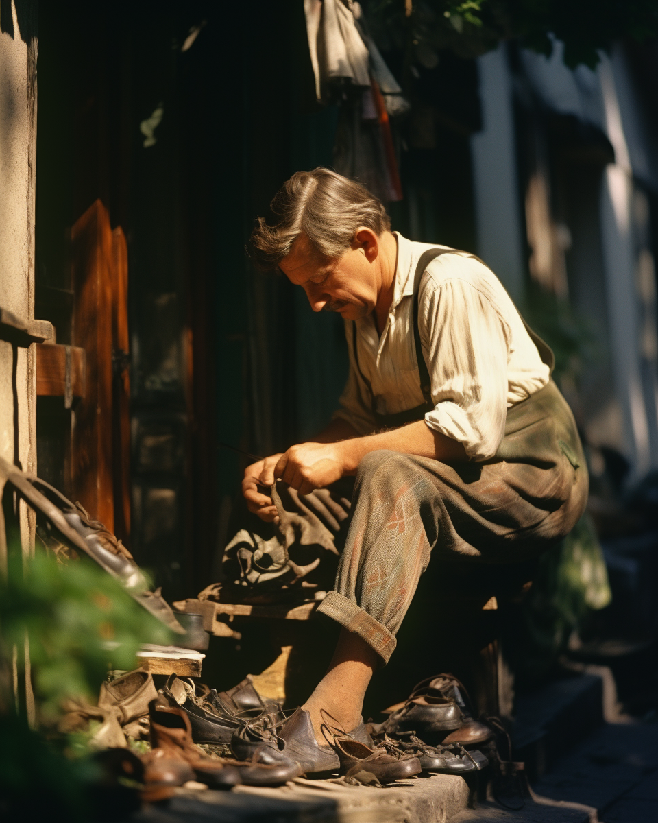 Craftsman repairing shoes in eastern Europe alley