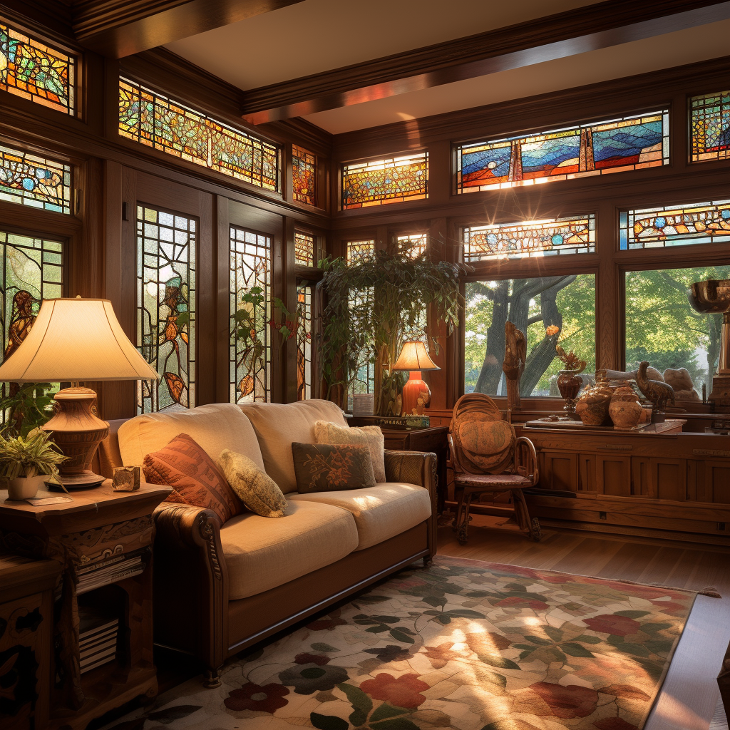 Craftsman sitting room with stained-glass windows