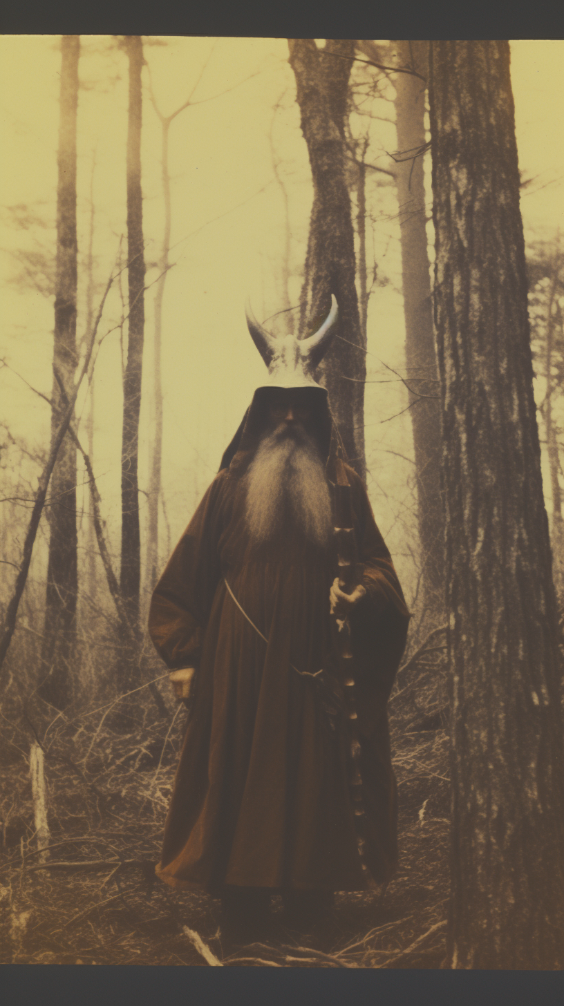 Crazy cult leader in forest with cloak and antlers