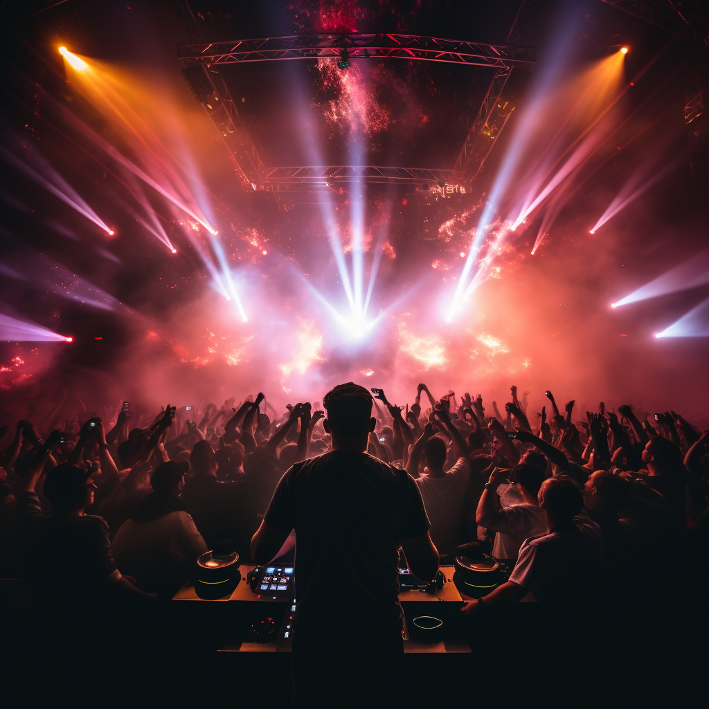 Energetic DJ performing in a crowded club