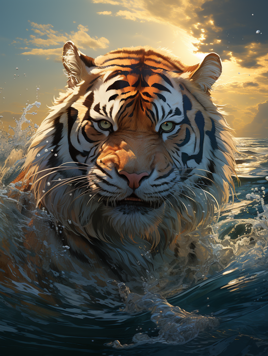 Tiger in front of boat in ocean