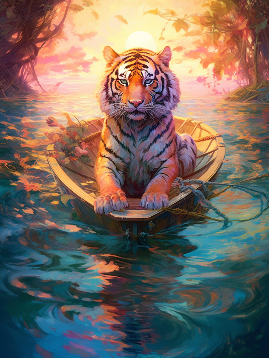 Colorful Psychedelic Tiger in a Boat