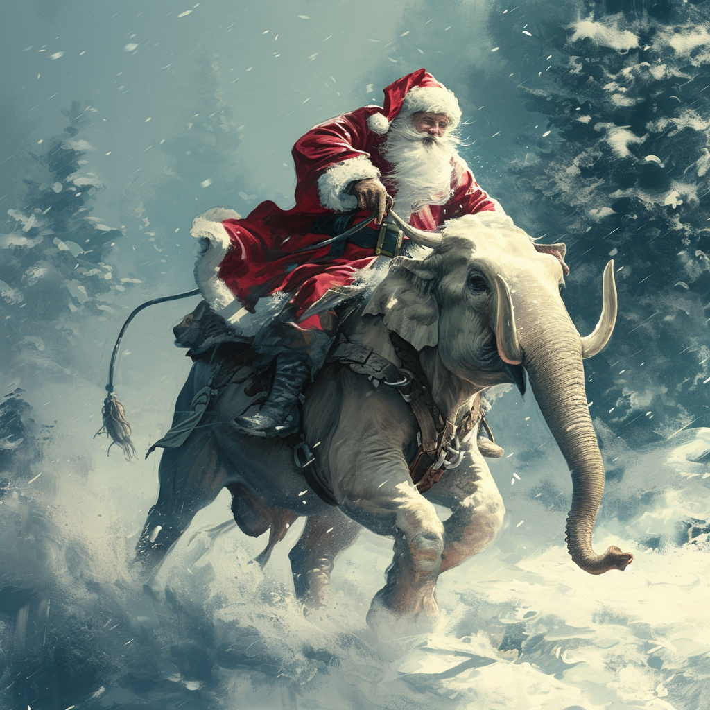 Santa chasing cow riding elephant