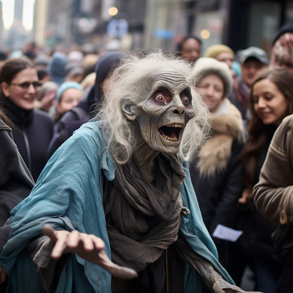 Eccentric old lady talking among busy crowd